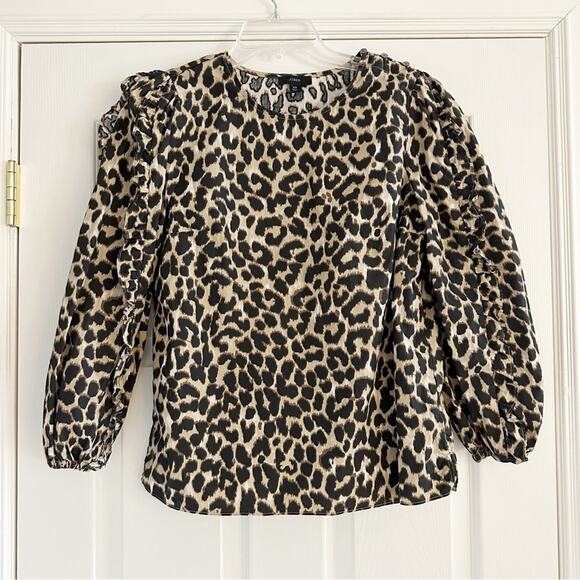 J crew Leopard Animal Print Ruffle Sleeve Top Shirt AS011 Extra Small XS Cotton - Picture 7 of 15